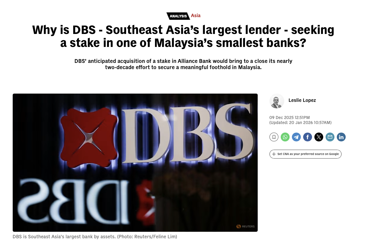 CNA reported that they were buying a stake in Alliance Bank, one of the smallest banks in Malaysia. 